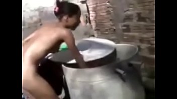 Skinny latina bathes outside, before fucking her bf