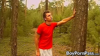 Skinny twink spitroasted by two big cocks in the forest