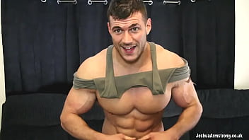 Huge oiled up bodybuilder eats cum